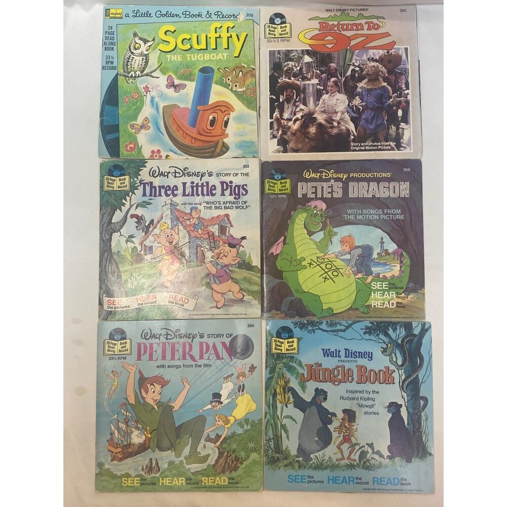6 Disney Book & Record 33 1/3 Oz, Petes Dragon, Peter Pan, Jungle Bk, Scuffy